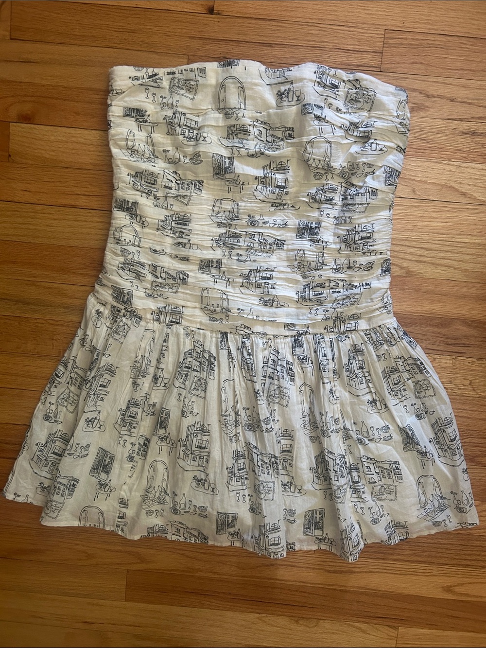Abercrombie & Fitch Strapless Cream Dress with Black Sketch Print